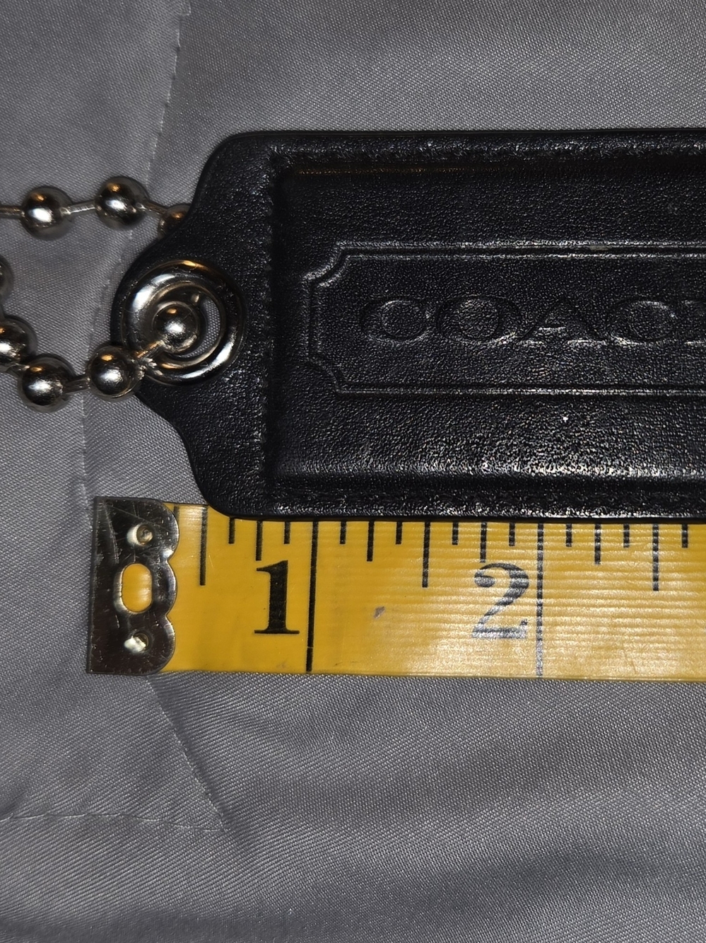 Coach Black Leather Bag Tag Key Fob with Silver Ball Chain 3.5"